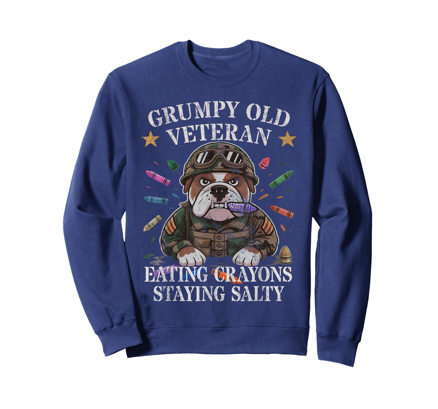 Bulldog Grumpy Old Veteran EAT Crayons Staying Salty Soldier T-Shirt