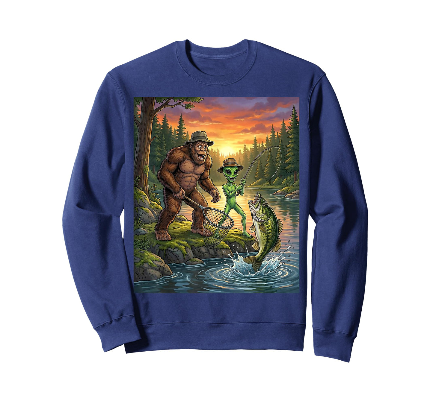 Funny Bigfoot Fishing Mens Alien Sasquatch Fishing Boys T-Shirt