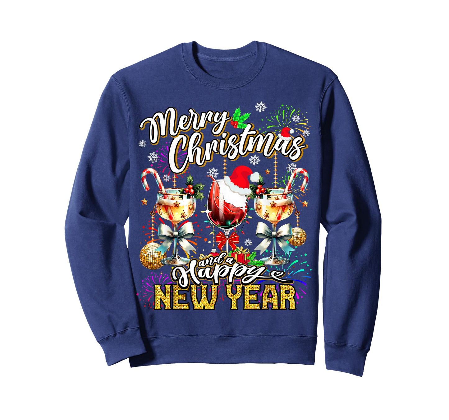 Merry Christmas and a Happy New Year Wine Glasses Fireworks T-Shirt
