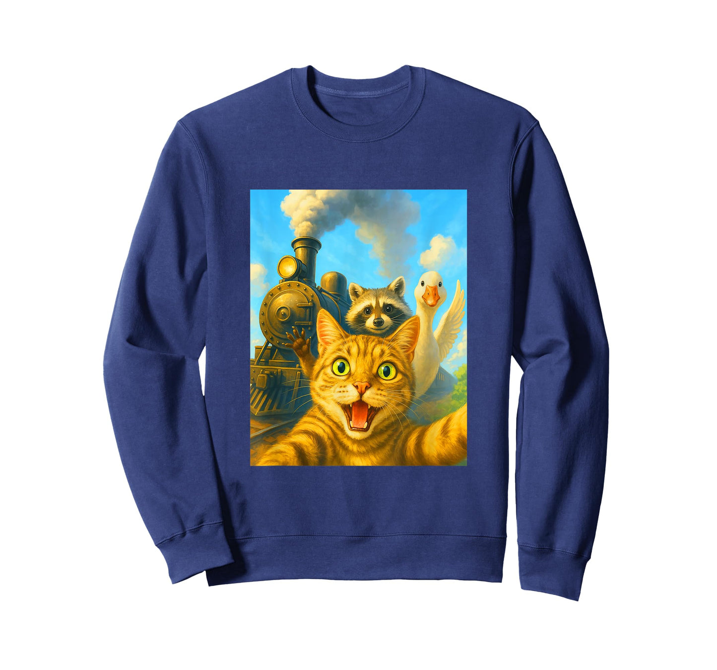 Funny Steam Engine Train Design Cat Selfie Raccoon Goose T-Shirt