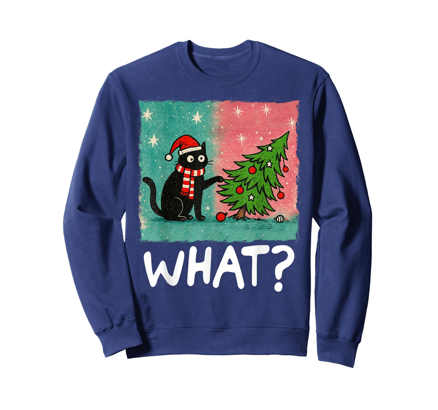 Funny Black Cat Gift Pushing Christmas Tree Over Cat What? T-Shirt