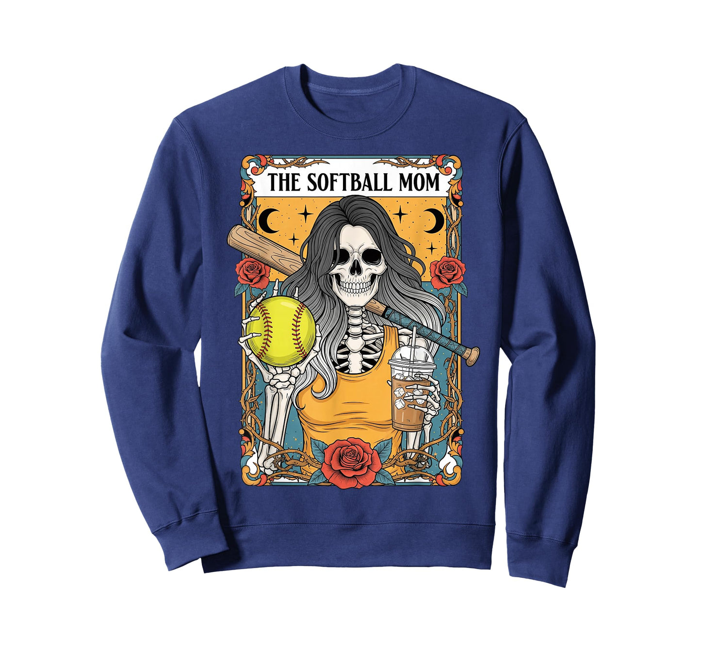 Softball Mom Tarot Card Skeleton Mom Floral Iced Coffee T-Shirt