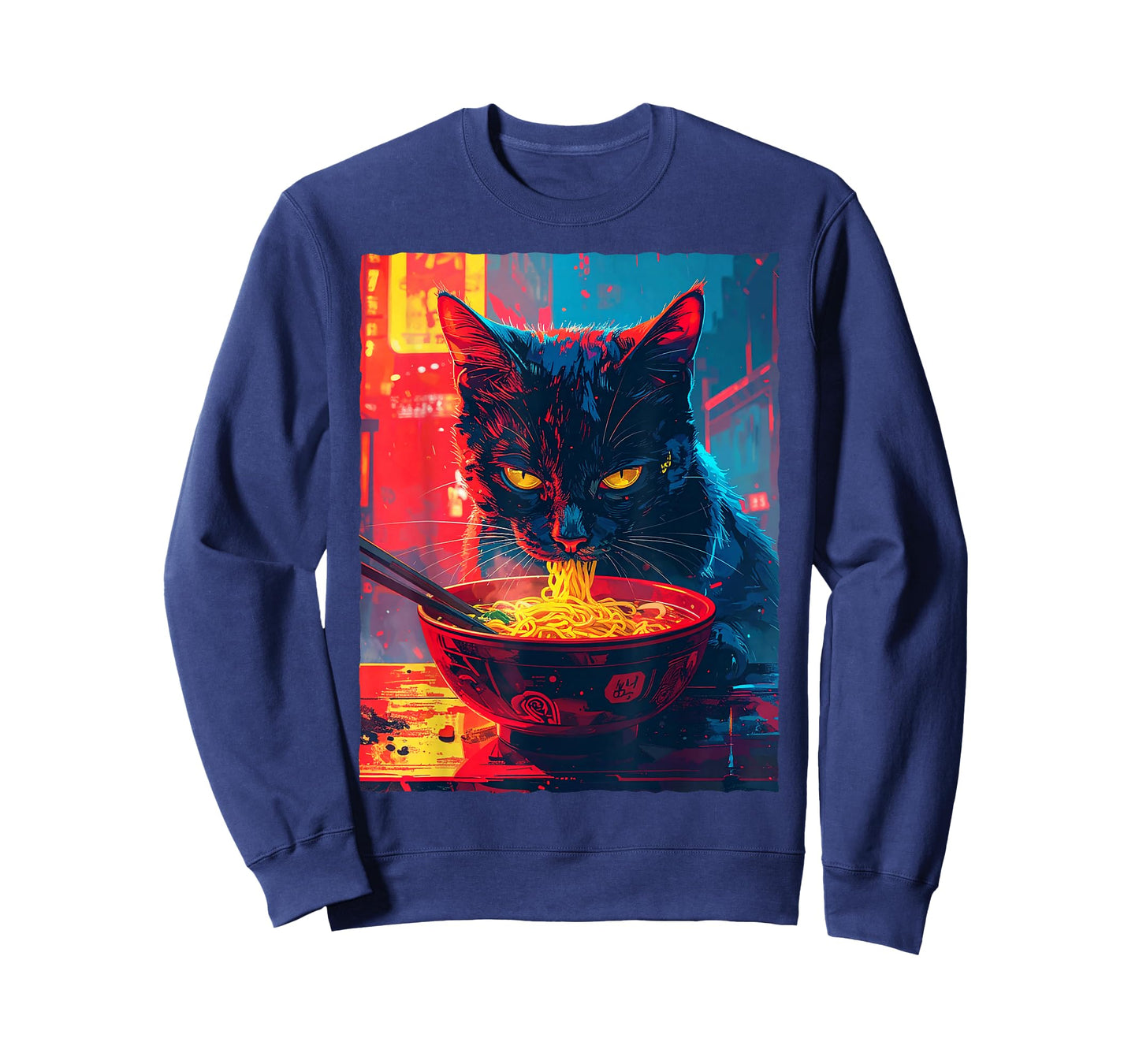 Black Cat Eating Ramen Noodles Anime Synthwave Japan T-Shirt