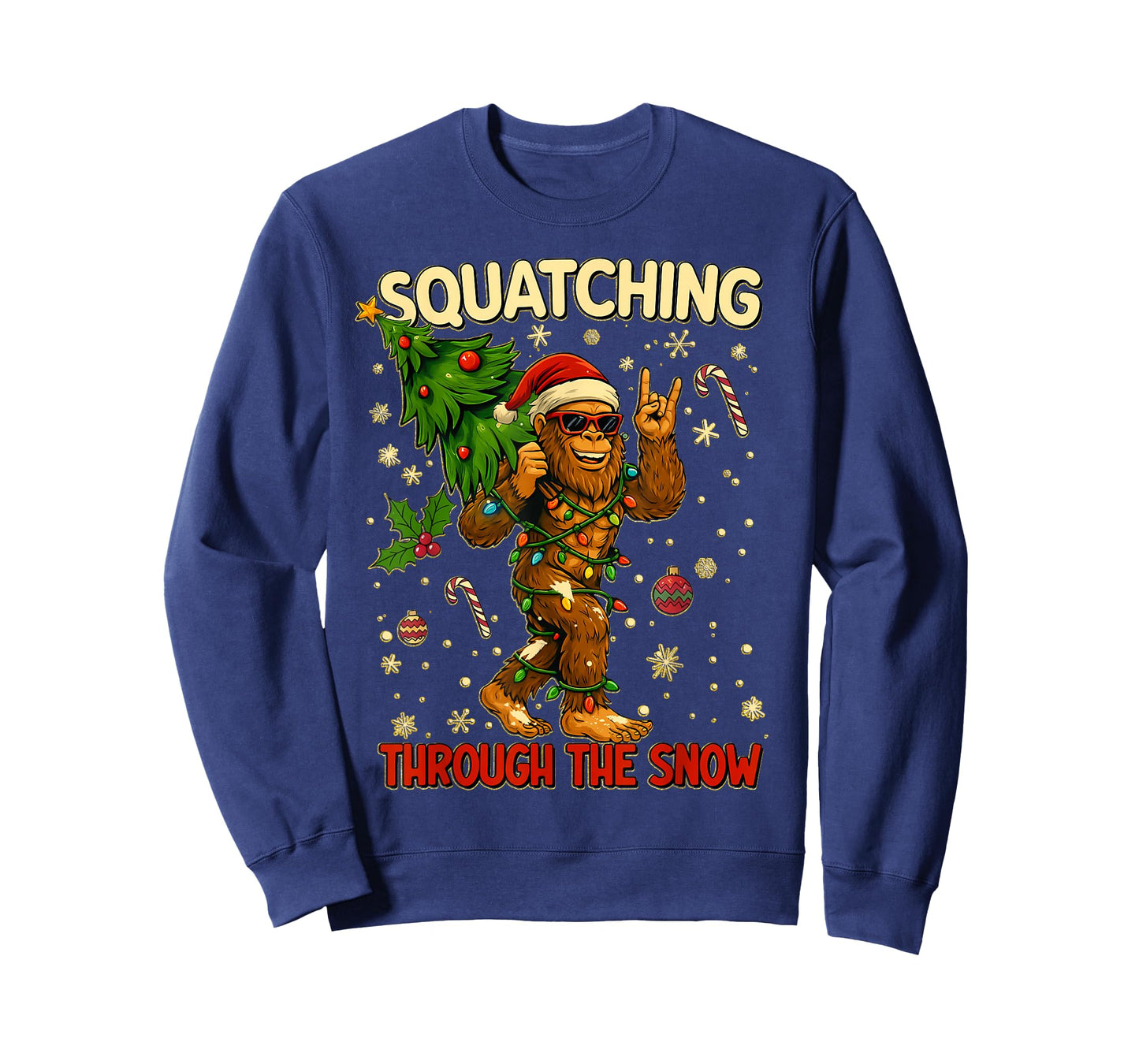 Squatching Through The Snow Funny Bigfoot Xmas Lights Gifts T-Shirt