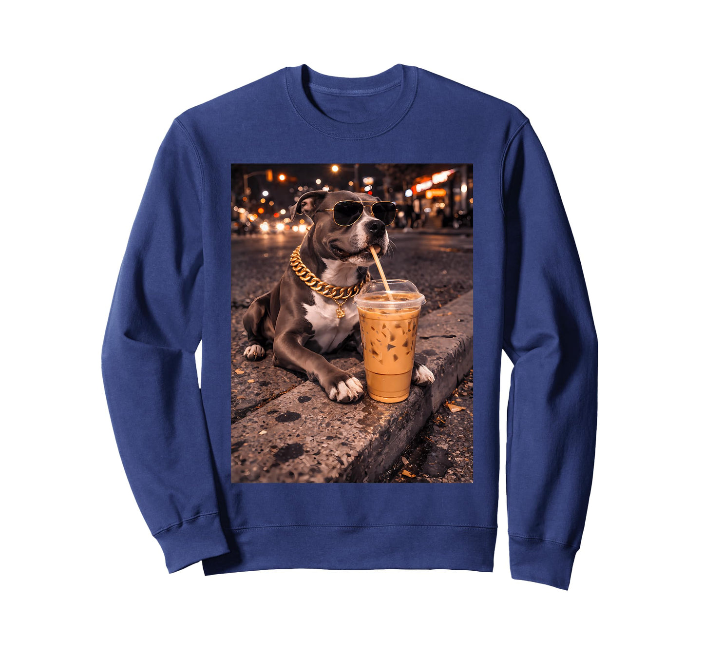 Funny Cool Pitbull Dog Drinking Iced Coffee Animal Lover T-Shirt
