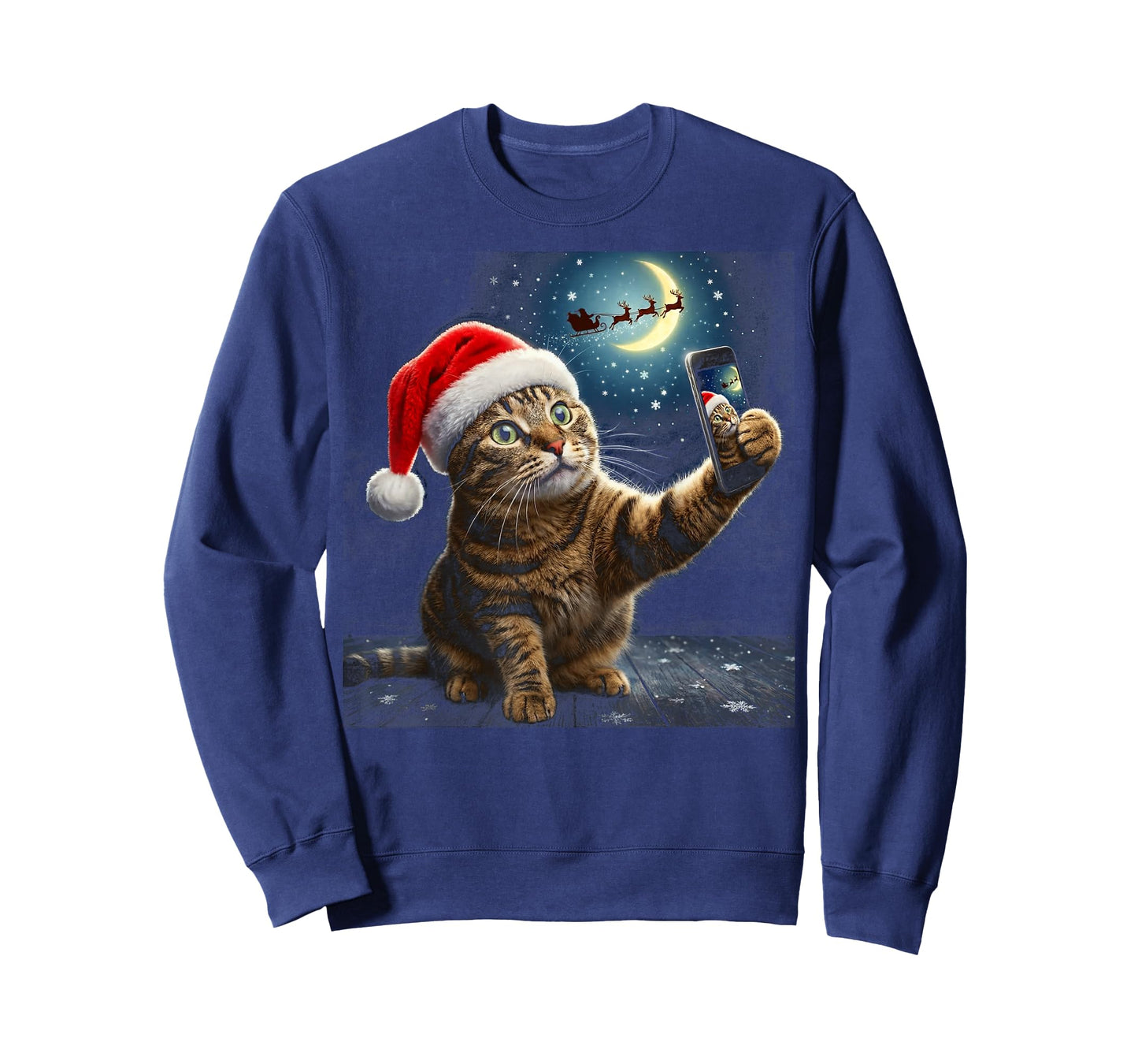 Funny Cat Christmas Selfie Santa Sleigh Graphic T-Shirt