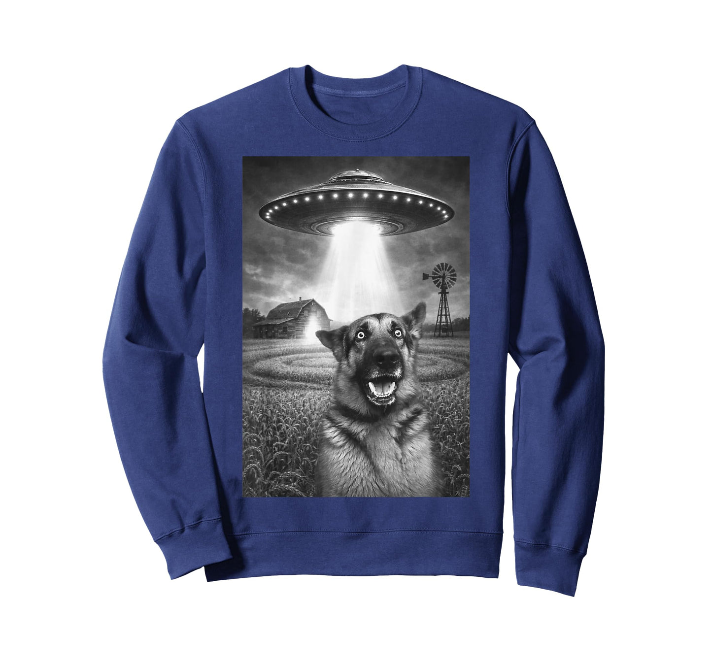 Funny German Shepherd Dog Shocked UFO Alien Abduction Farm T-Shirt