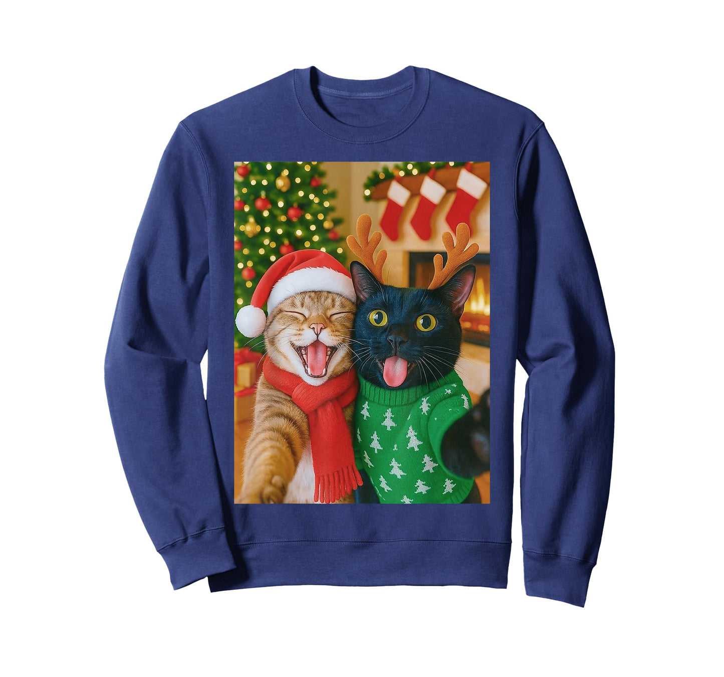 Funny Meme Cat Taking A Selfie Christmas Xmas Lights Holiday T-Shirt