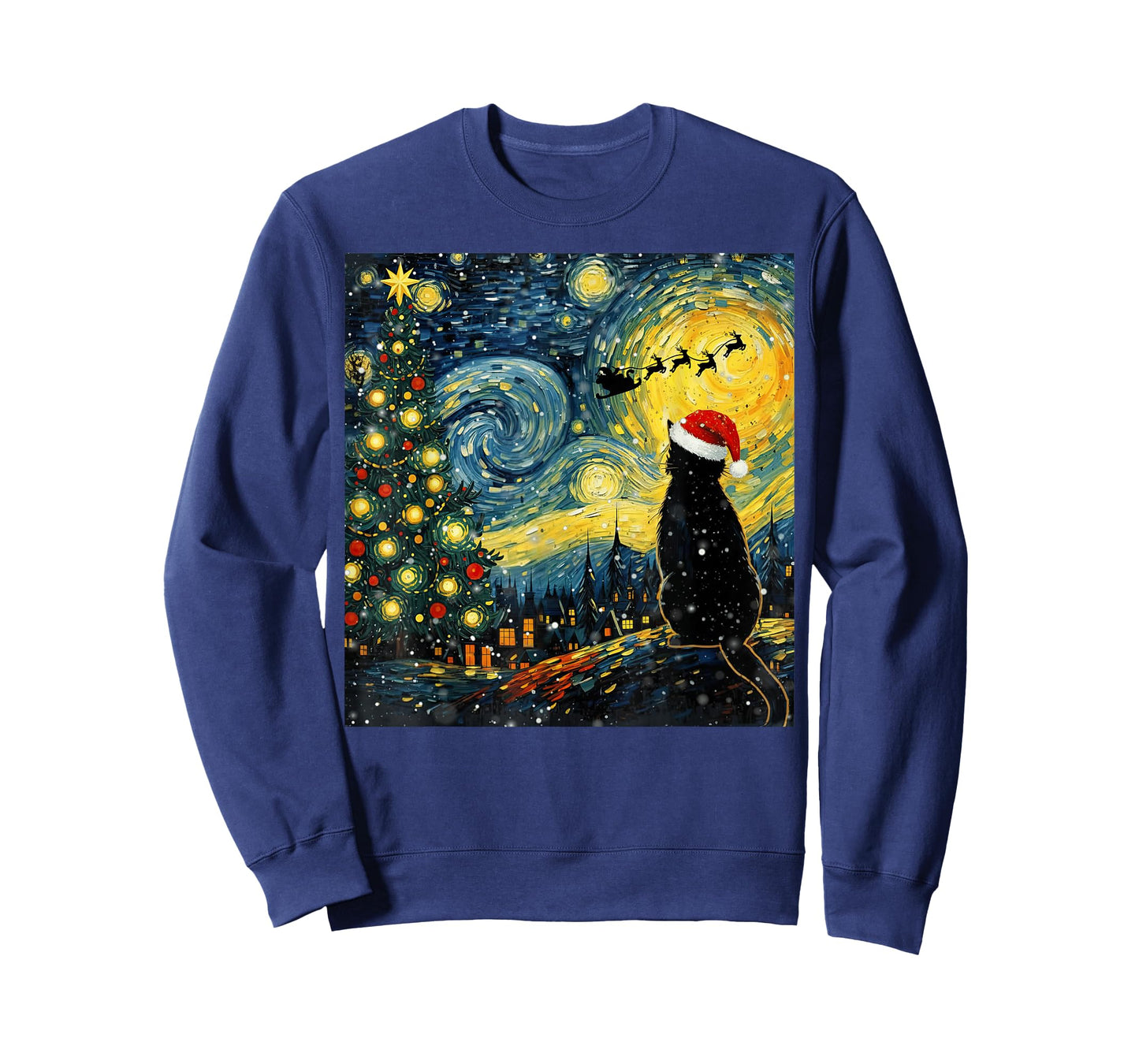 Santa Cat Starry Night Vintage Funny Christmas Vibes Art T-Shirt