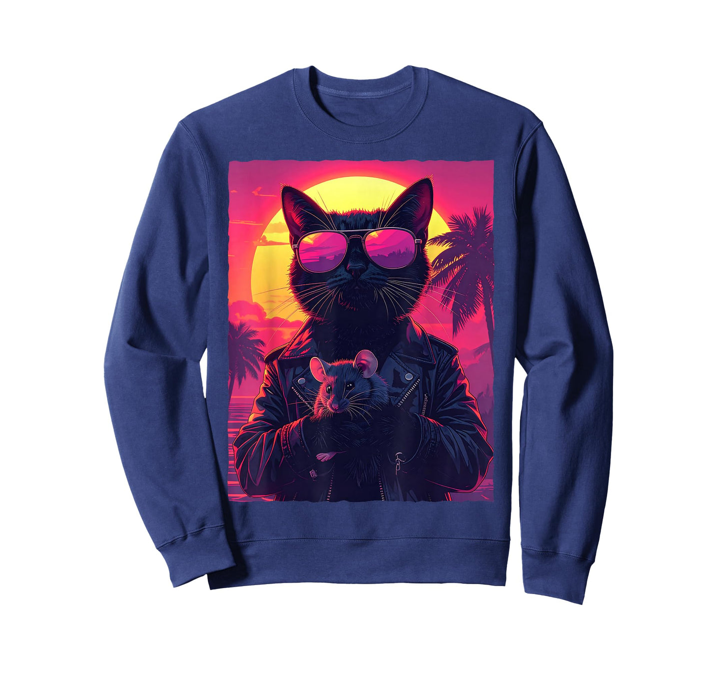 Cool Black Cat with Mouse and Retro Sunset T-Shirt