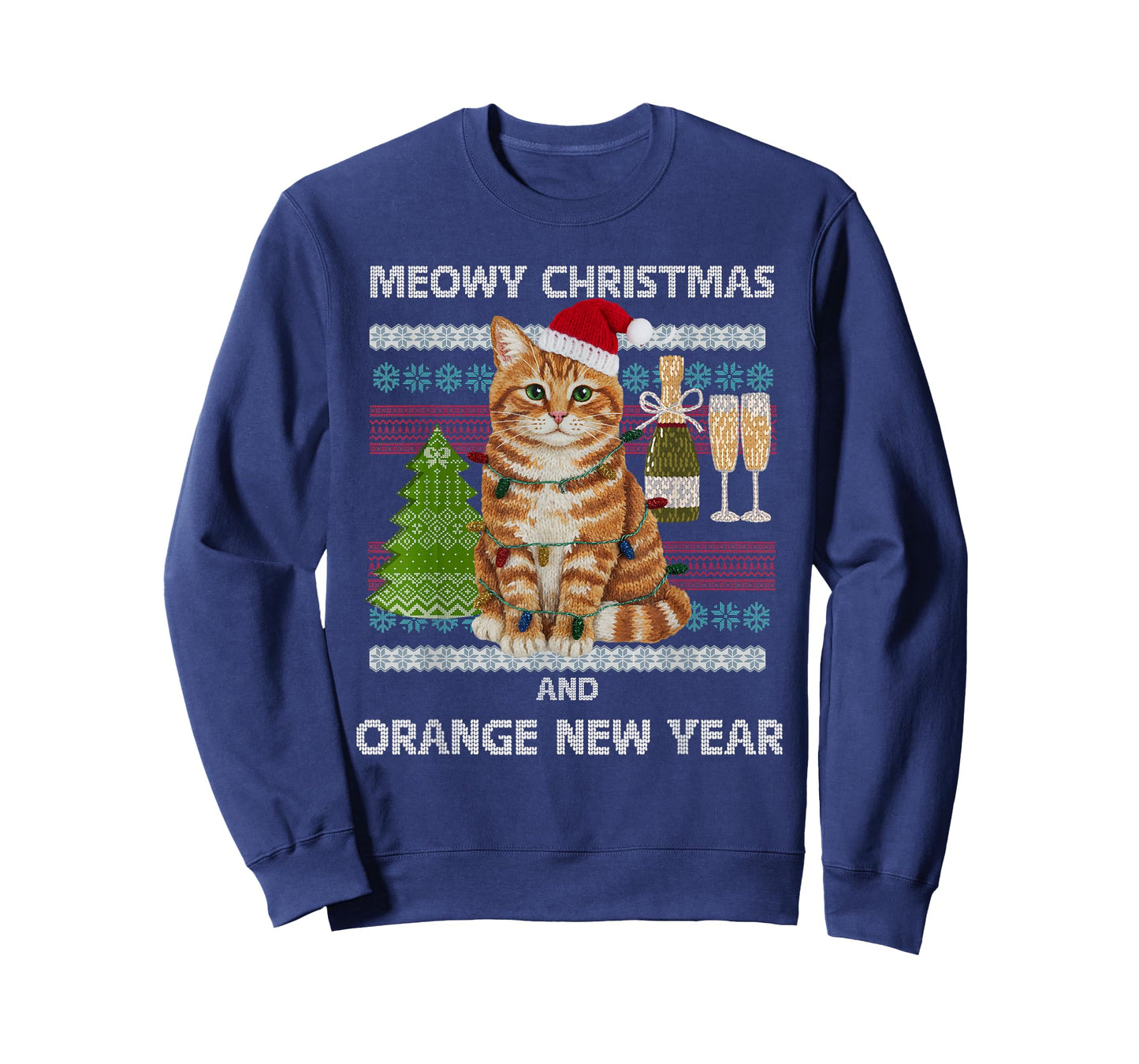 Meowy Christmas Funny Orange Cat Santa Hat Ugly Sweater T-Shirt