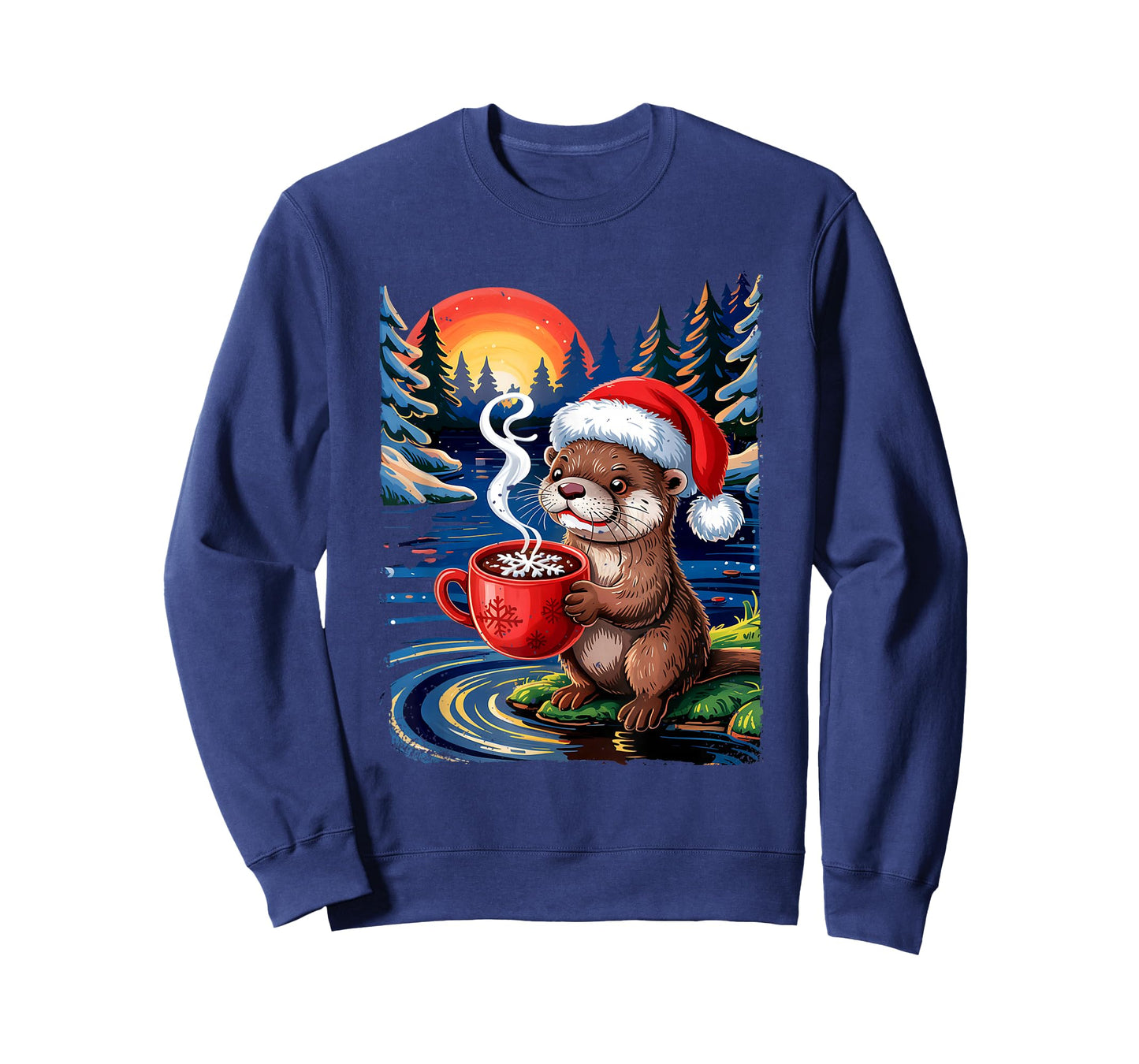 Otter Drinking Hot Cocoa Christmas Santa Hat Winter Wildlife T-Shirt