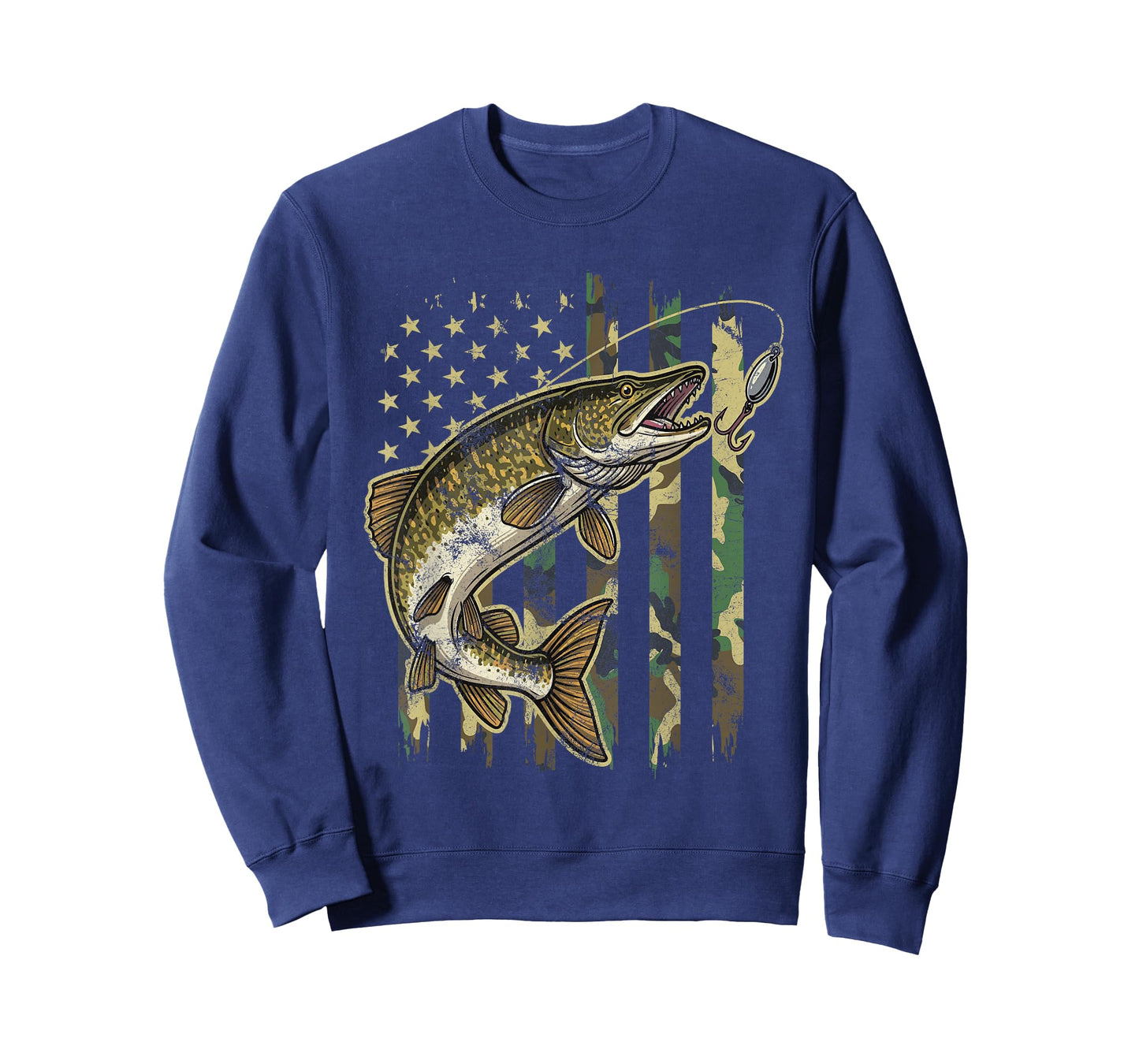 Vintage Northern Pike Fishing Camo American Flag T-Shirt