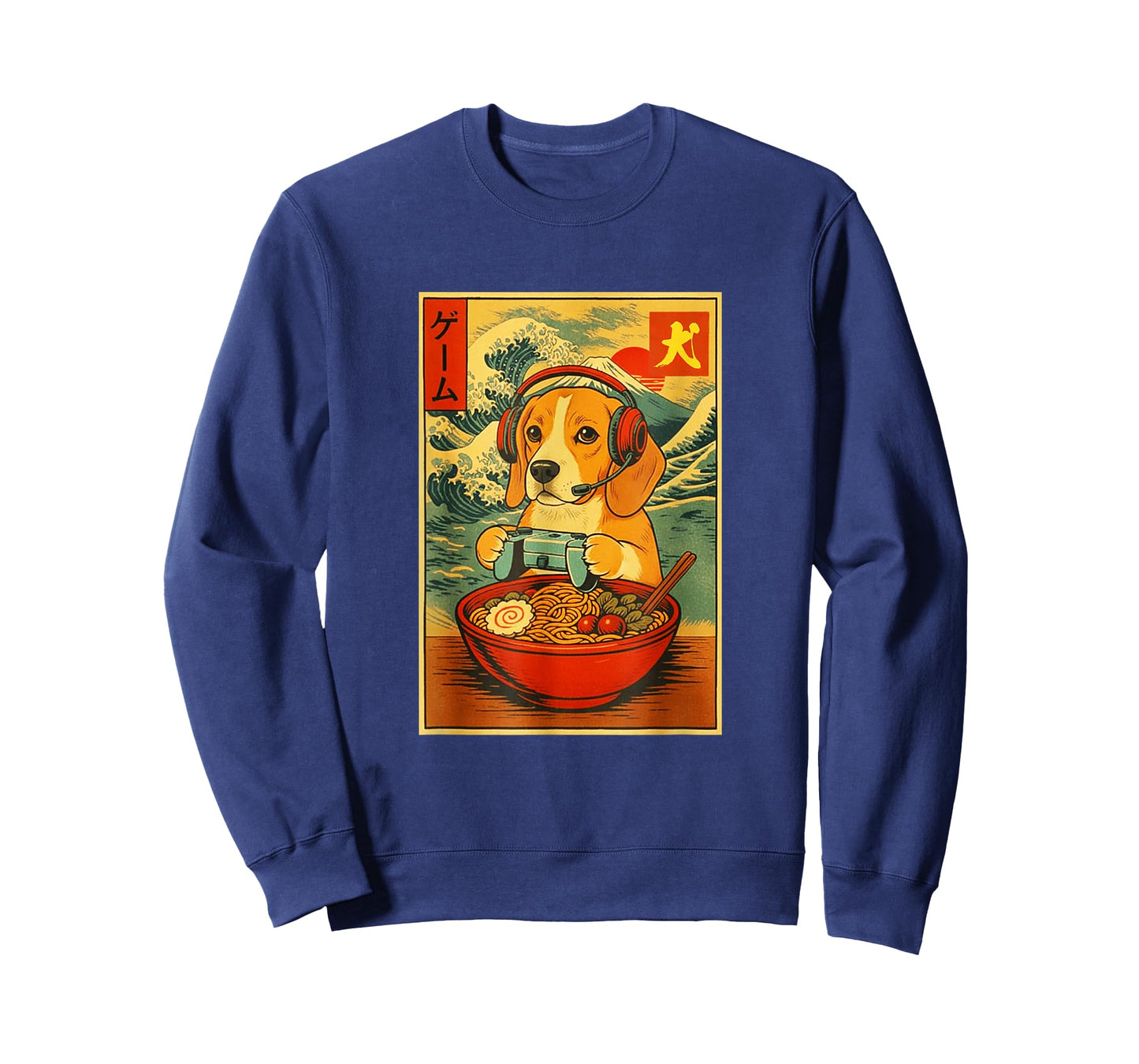 Beagle Dog Gaming Ramen Japanese Ukiyo-e Great Wave Retro T-Shirt