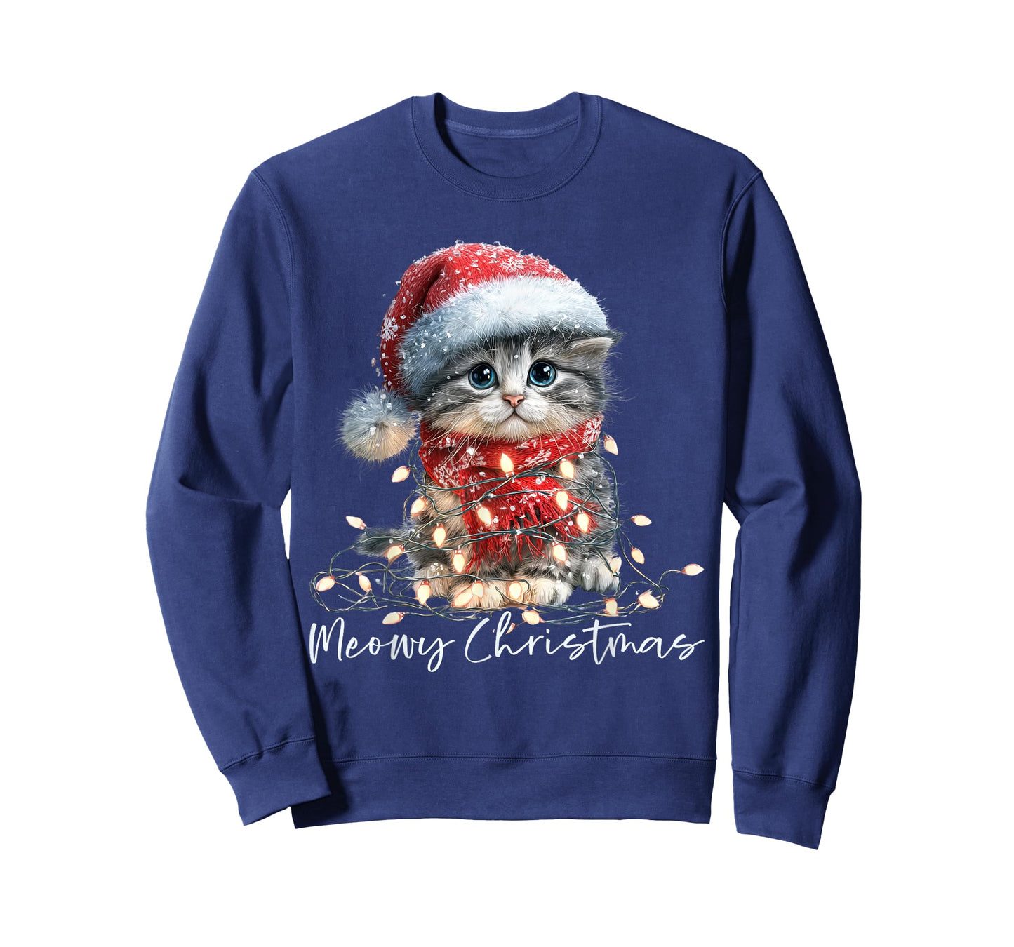 Meowy Christmas Black Cat Lights Santa Hat Funny Holiday T-Shirt