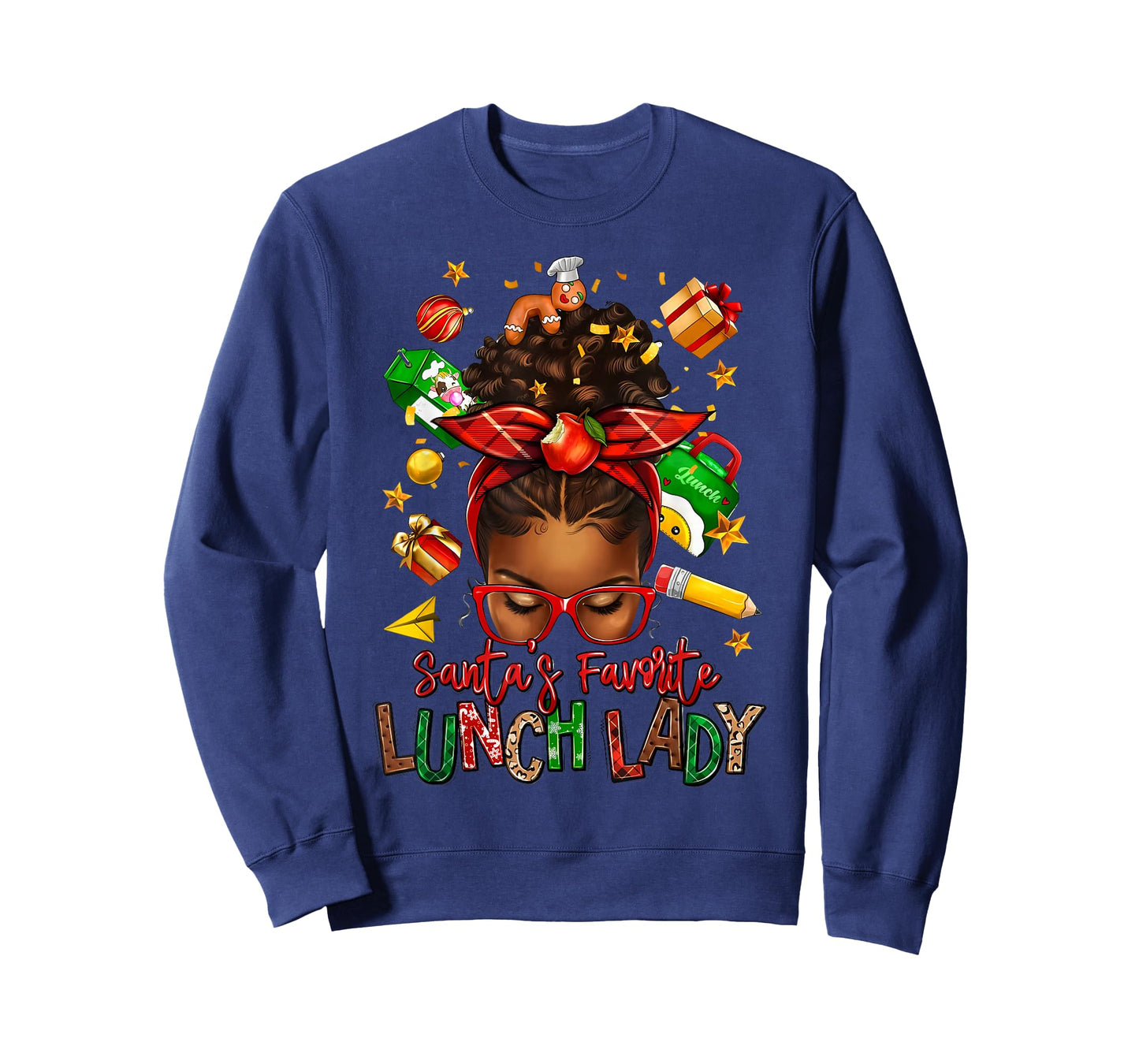 Santa's Favorite Lunch Lady Afro Messy Bun Woman Christmas T-Shirt
