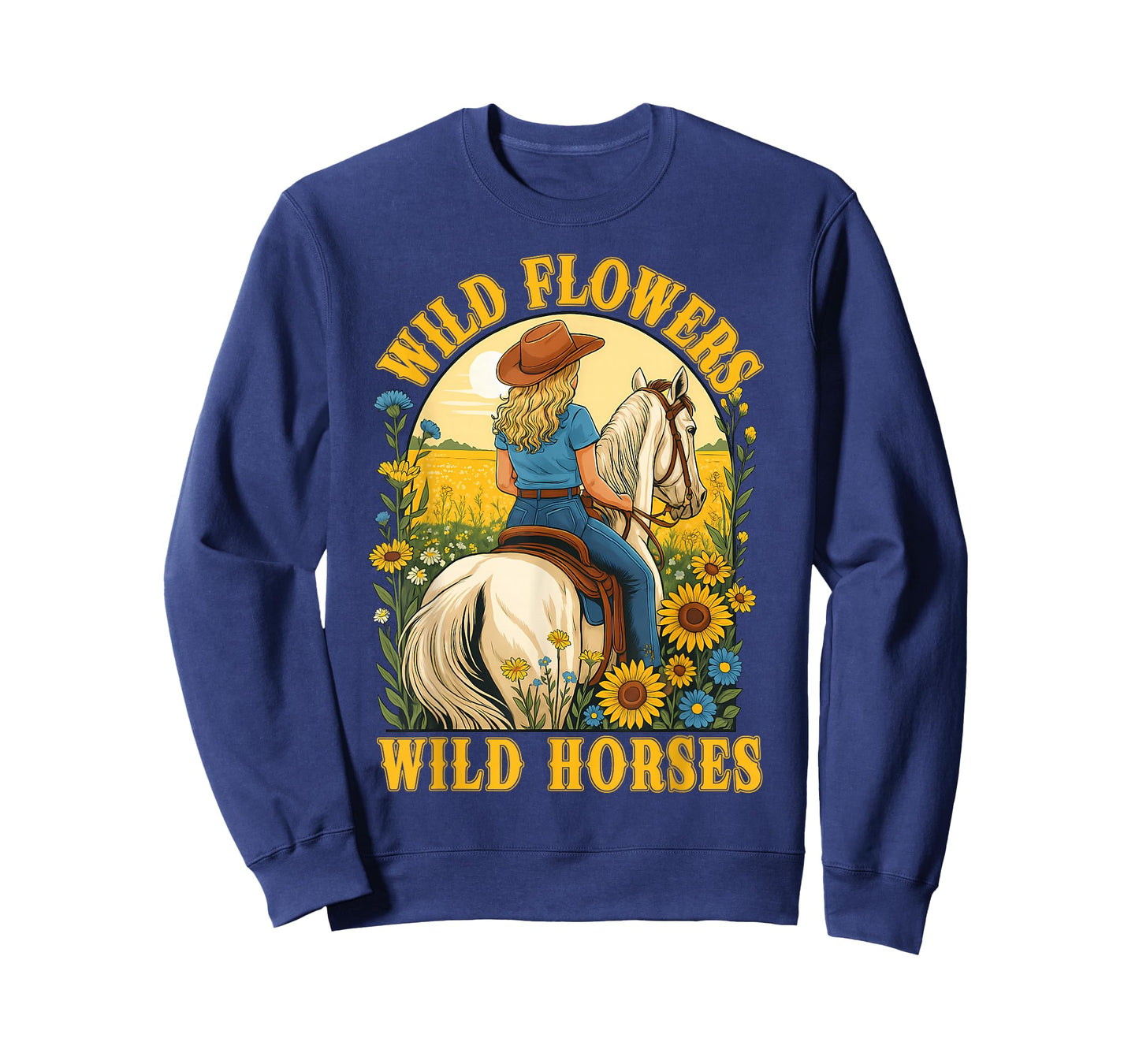 Retro Southern Sunset Cowgirl Wild Flowers Wild Horses T-Shirt
