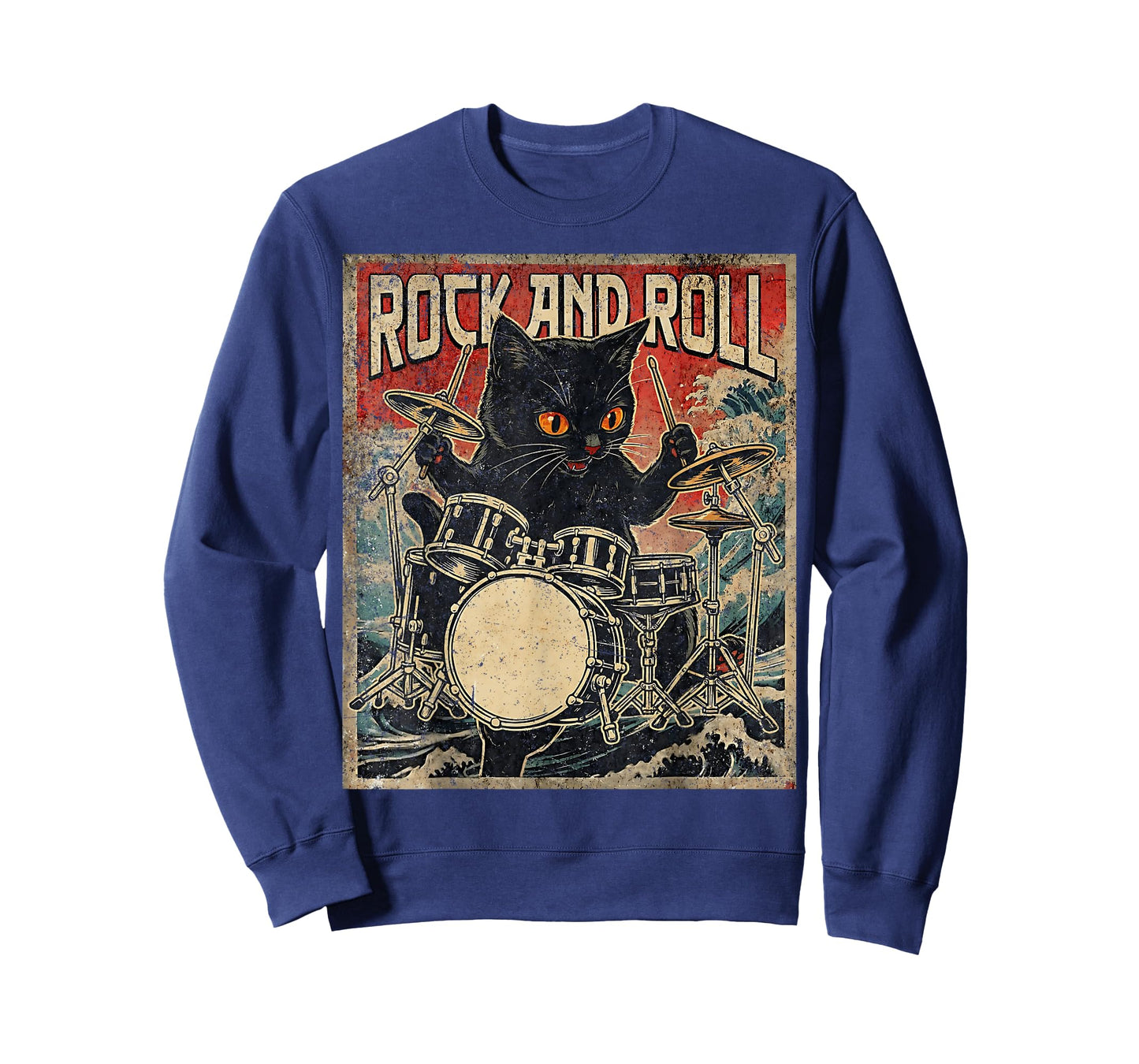 Cat Playing Drums Rock On Vintage Rock Drummer Cat T-Shirt