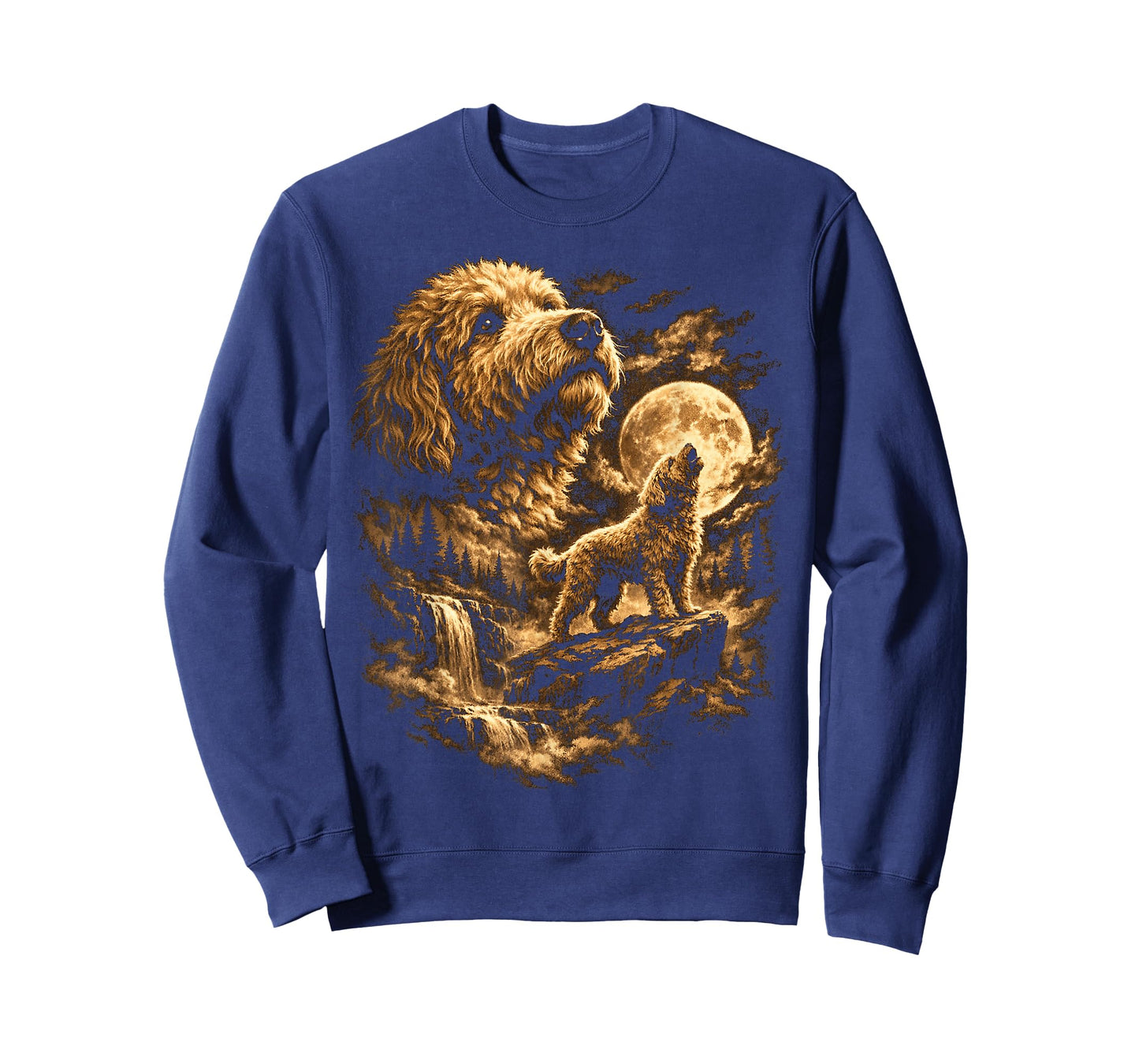 Golden Doodle Dog Howling Moon Fantasy Forrest Wilderness T-Shirt