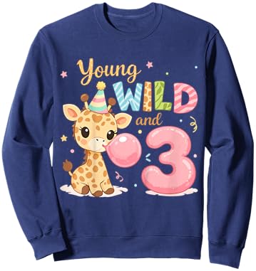 Kids Kids 3rd Birthday Young Wild and Three 3 Year Old Giraffe Sweatshirt - Sweatshirt | Navy