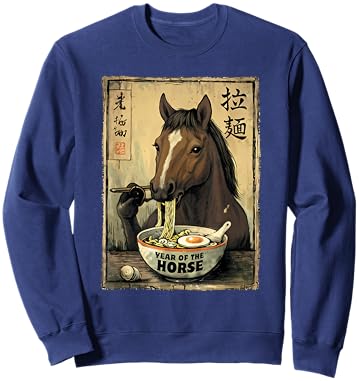 Retro Kawaii Ramen Horse Eating Japanese Noodles Graphic Sweatshirt - Sweatshirt | Navy