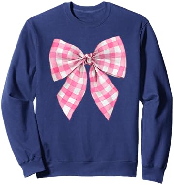 Pink and White Gingham Plaid Coquette Bow Trendy Retro Cute Sweatshirt - Sweatshirt | Navy