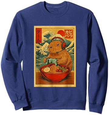Capybara Gaming Ramen Japanese Ukiyo-e Great Wave Retro Art Sweatshirt - Sweatshirt | Navy