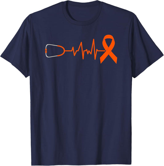 Orange Ribbon Heartbeat Kidney Cancer Month Awareness T-Shirt - T-Shirt | Navy