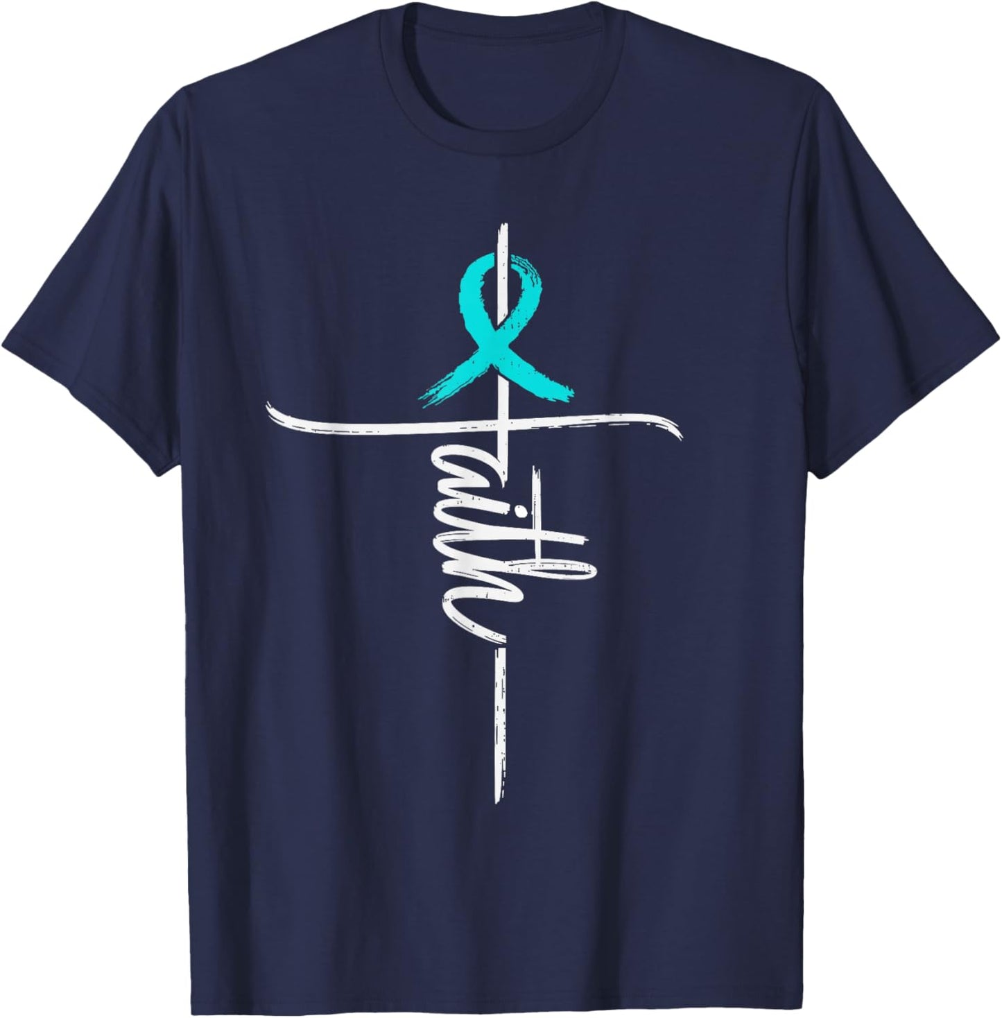 Faith Cross Cervical Cancer Awareness Christian Ribbon Teal T-Shirt - T-Shirt | Navy