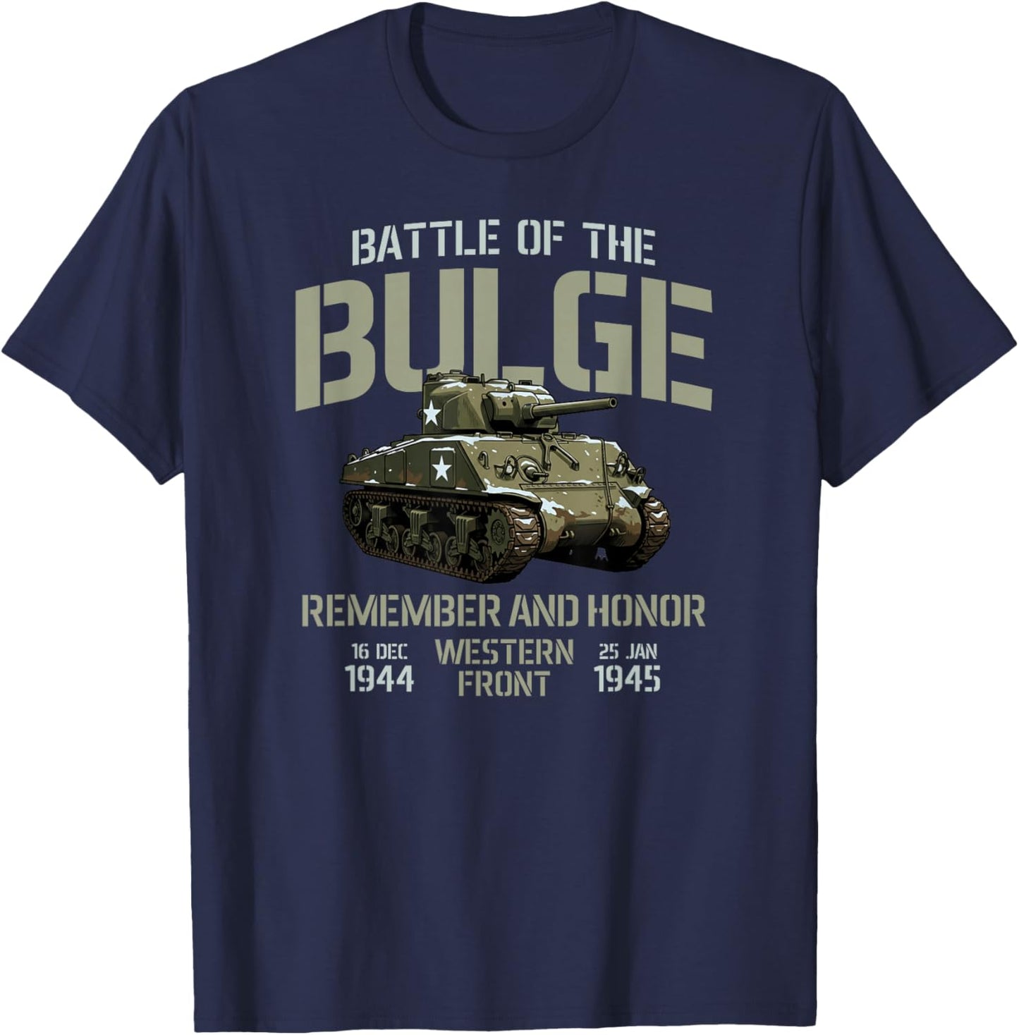 Battle of The Bulge Remember and Honor M4 Sherman Tank T-Shirt - T-Shirt | Navy