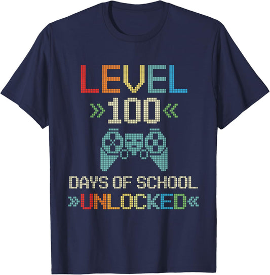Level 100 Days Unlocked Kids Video Games Pixel Art for Gamer T-Shirt - T-Shirt | Navy