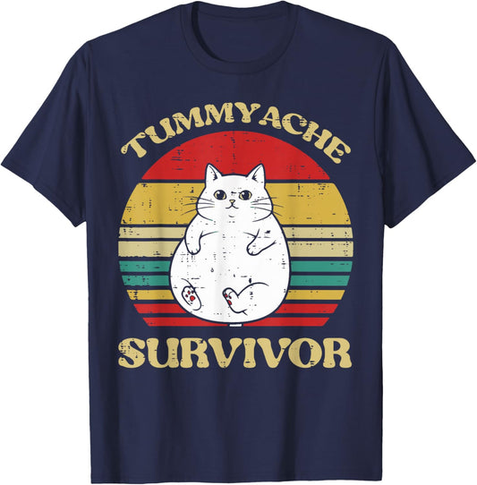 Fat Cat Tummy Ache Survivor Funny Saying Meme Men Women Kids T-Shirt - T-Shirt | Navy