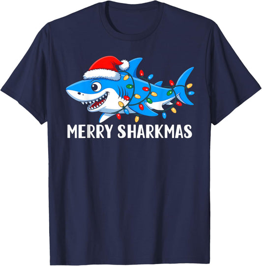Merry Sharkmas Shark Christmas Lights Santa Hat Xmas Pajamas T-Shirt - T-Shirt | Navy