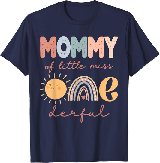 Mommy of Little Miss Onederful First Birthday Boho Rainbow T-Shirt - T-Shirt | Navy