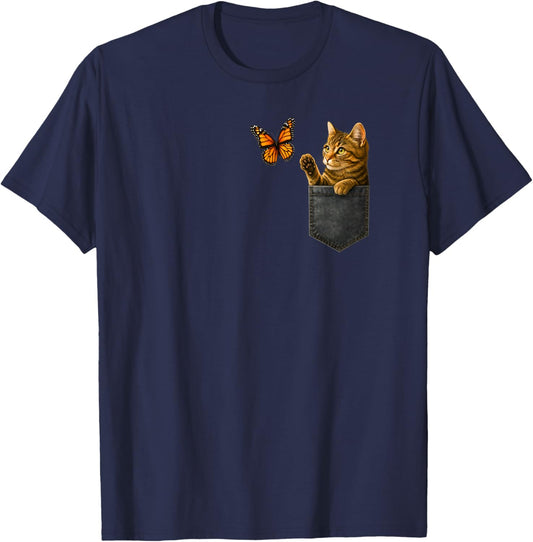 Funny Cat Playing with Butterfly Cat in Pocket Woman Girls T-Shirt - T-Shirt | Navy