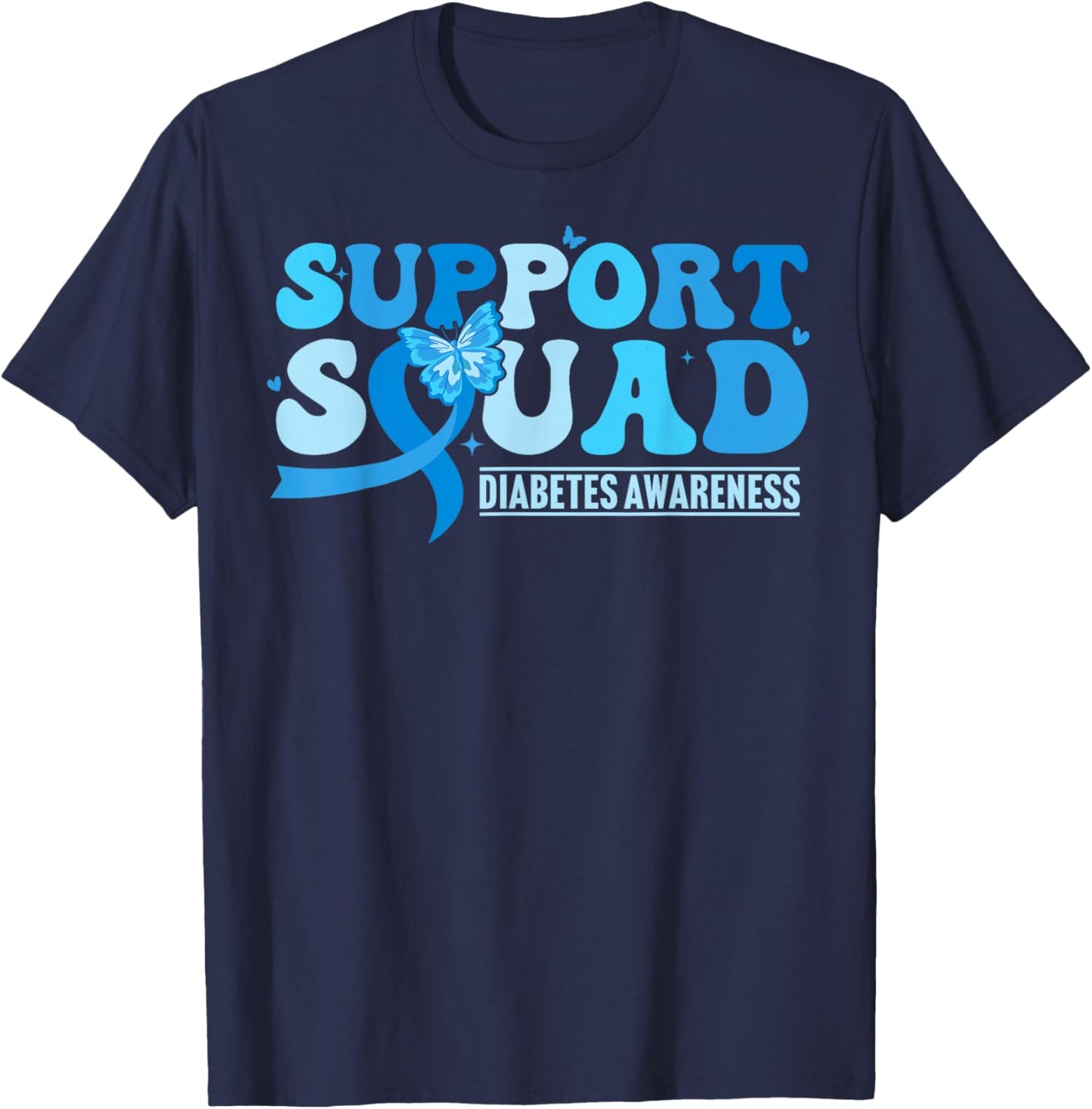 Diabetes Awareness Support Squad T1D Blue Butterfly Ribbon T-Shirt - T-Shirt | Navy