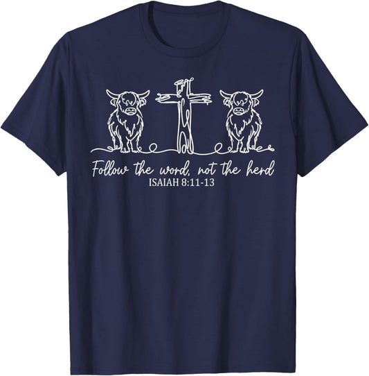 Follow The Word Not The Herd Christian Highland Cow T-Shirt - T-Shirt | Navy