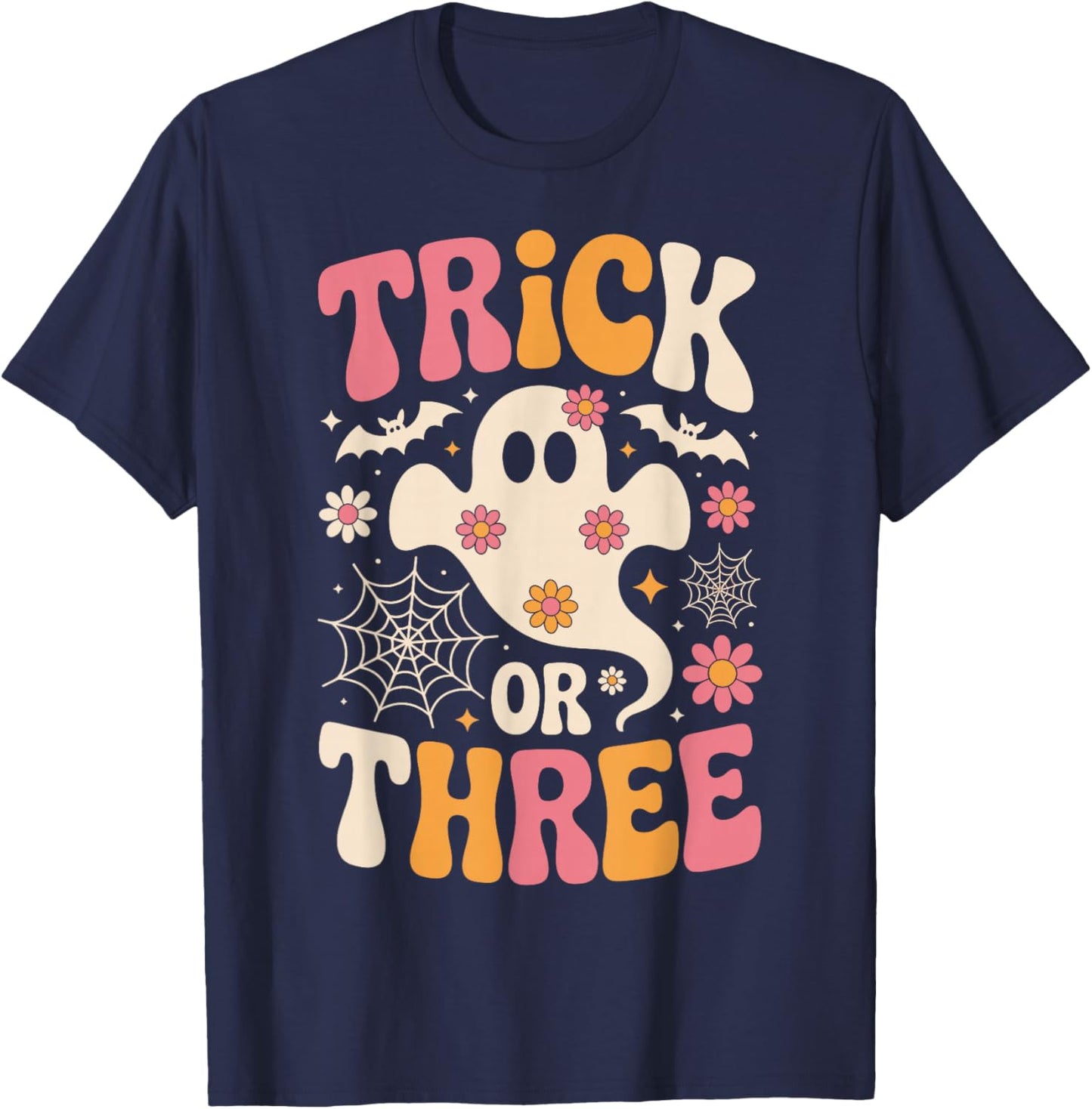 Trick Or Three 3 Years Old Birthday Groovy Ghost Halloween T-Shirt - T-Shirt | Navy