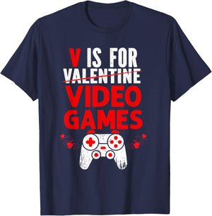 V is for Video Games Valentines Funny Gamer Boy Girls Kids T-Shirt - T-Shirt | Navy