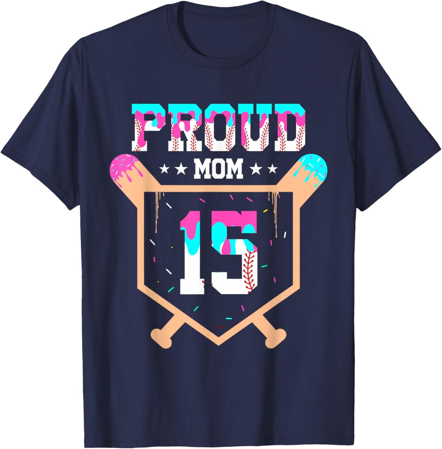 Proud Mom Baseball Player Number 15 Ice Cream Drip T-Shirt - T-Shirt | Navy