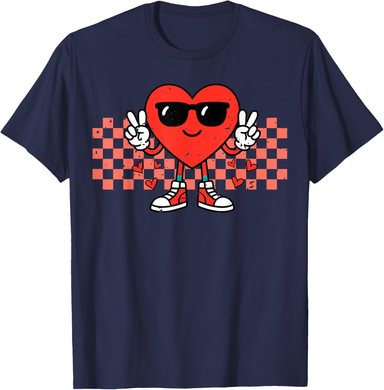 Retro Groovy Heart Peace Hand Valentines Day Men Women Kids T-Shirt - T-Shirt | Navy