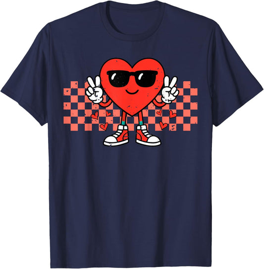 Retro Groovy Heart Peace Hand Valentines Day Men Women Kids T-Shirt - T-Shirt | Navy