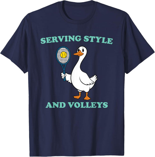 Serving Style and Volleys Cute Goose Playing Tennis Sports T-Shirt - T-Shirt | Navy
