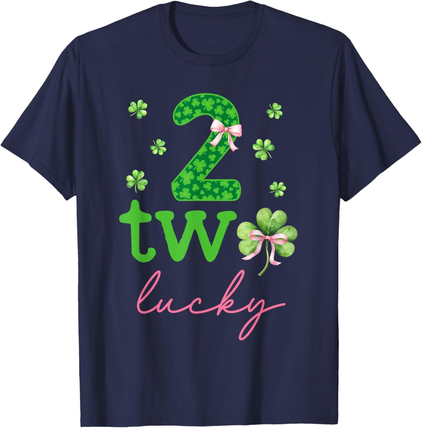 Two Lucky 2 Years Old Birthday Girl Bow 2nd Birthday Party T-Shirt - T-Shirt | Navy