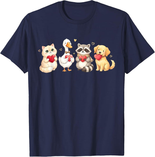 Cute Cat Dog Raccoon Goose Holding Hearts Valentine Lovers T-Shirt - T-Shirt | Navy