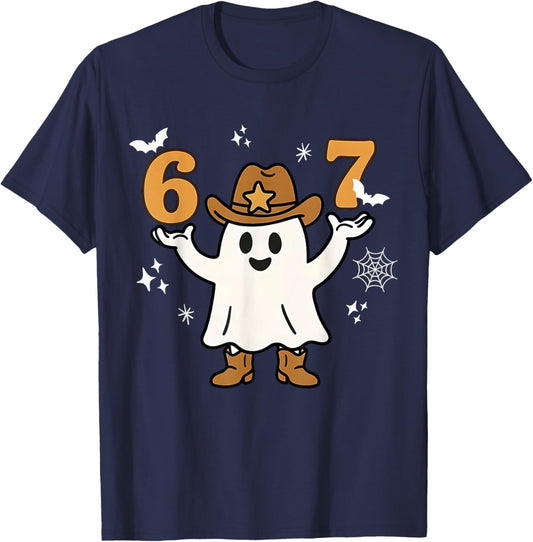 Funny Six Seven 6 7 Meme Cowboy Ghost Halloween Costume T-Shirt - T-Shirt | Navy