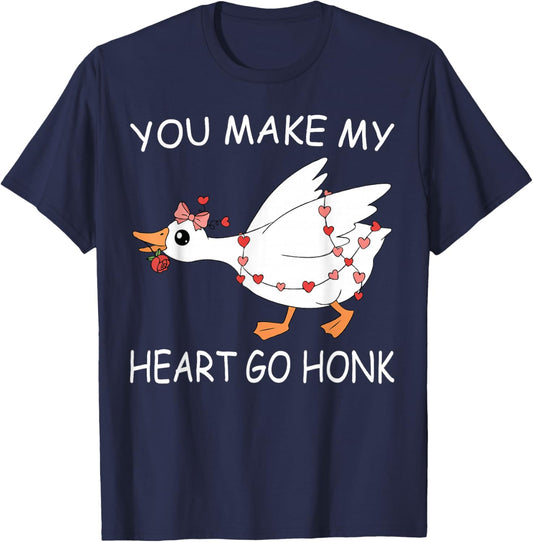 You Make My Heart Go Honk Valentine Cute Goose Coquette Bow T-Shirt - T-Shirt | Navy