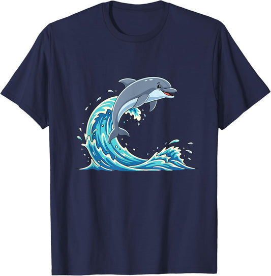 Cute Jumping Dolphin On Summer Ocean Wave T-Shirt - T-Shirt | Navy