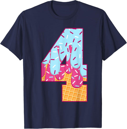Number 4 Ice Cream Drip Matching Numbers Costume Meme T-Shirt - T-Shirt | Navy