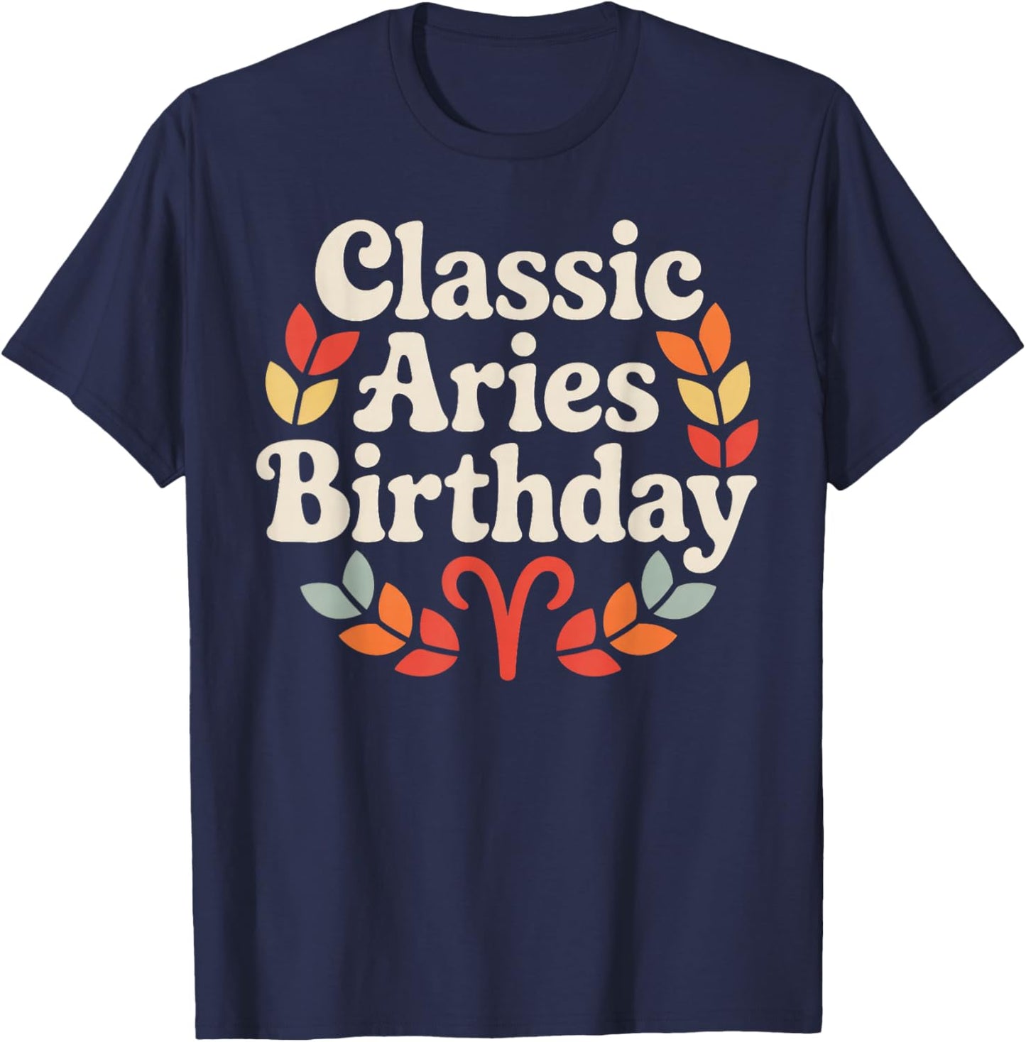 Classic Aries Birthday Zodiac Geometric Wreath Art T-Shirt - T-Shirt | Navy